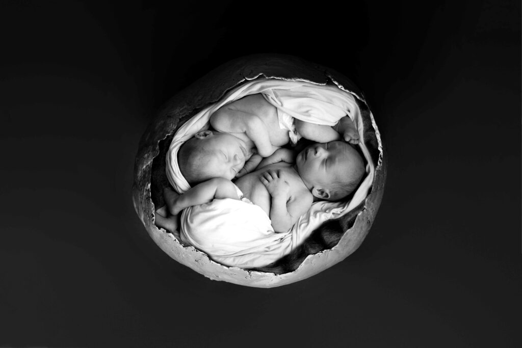 photo bébé jumeaux en noir et blanc