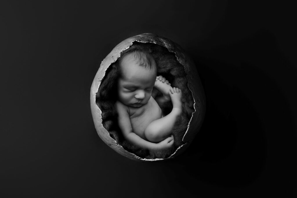 Photo de bébé en noir et blanc, enformi dans une coquille d'oeuf