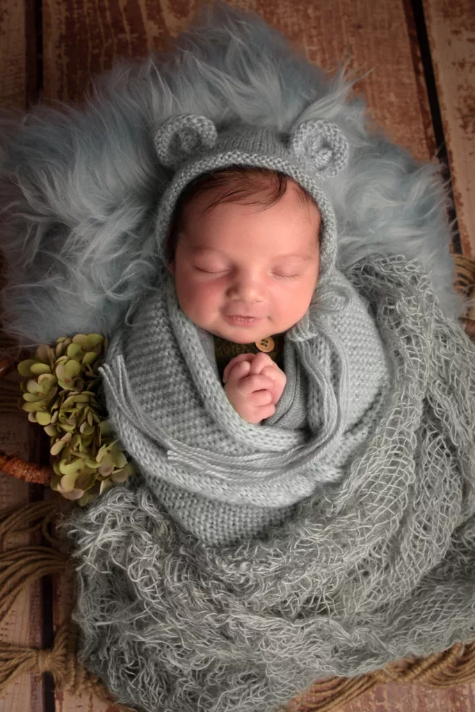 petit bébé de 15 jours dans un petit panier, emmailloté en coloris gris bleu, portant un bonnet à oreilles d'ourson